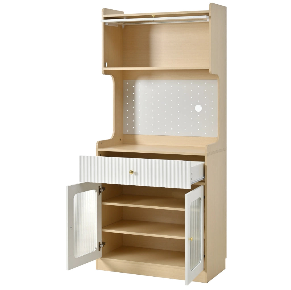Credenza 80x40x180 cm con ripiani regolabili; cassetto; illuminazione LED; MDF e pannello truciolare; naturale e bianco