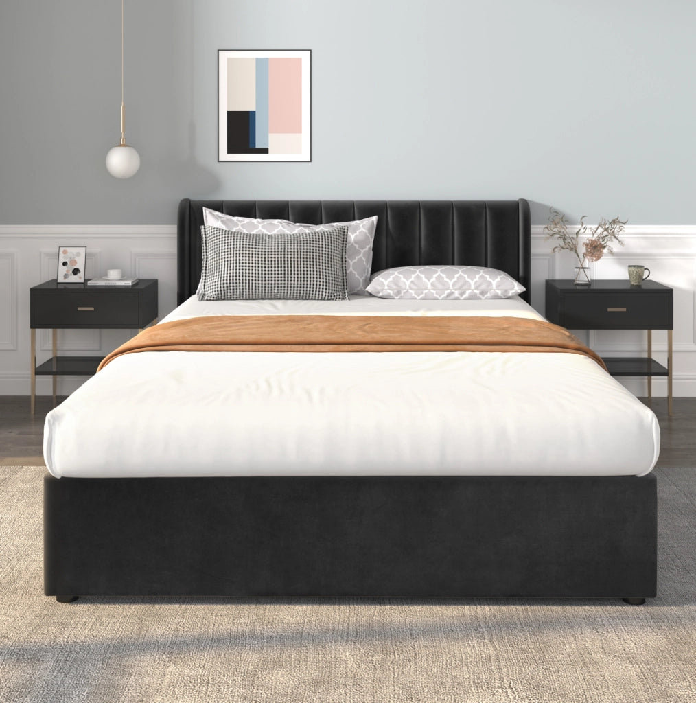 Letto in velluto 140 x 200 cm con testiera; rete a doghe e 2 cassetti; nero