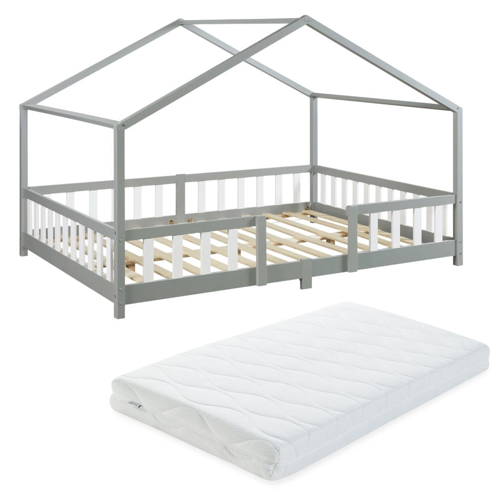 Letto per Cameretta Treviolo a Forma di Casetta in Stile Montessori con Materasso 140x200 cm - Grigio Chiaro/Bianco [en.casa]