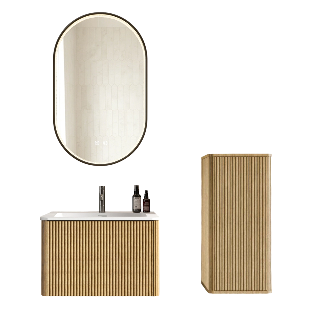 Mobile bagno con lavabo; specchio LED e colonna sospesa con ante e vano contenitore per bagno; finitura rovere