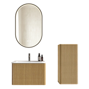 Mobile bagno con lavabo; specchio LED e colonna sospesa con ante e vano contenitore per bagno; finitura rovere