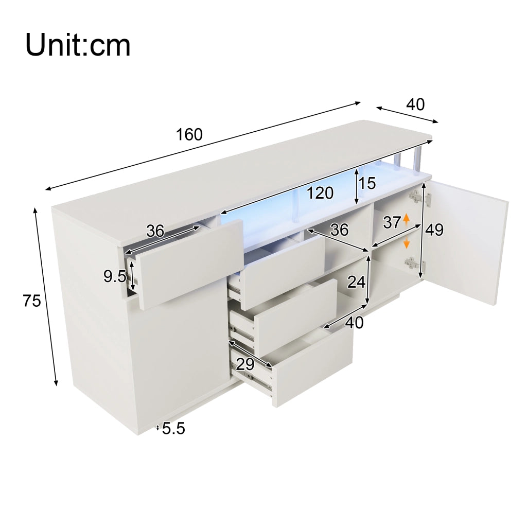 MADIA 160x40x75 cm Bianca con LED, 4 cassetti e 2 ante