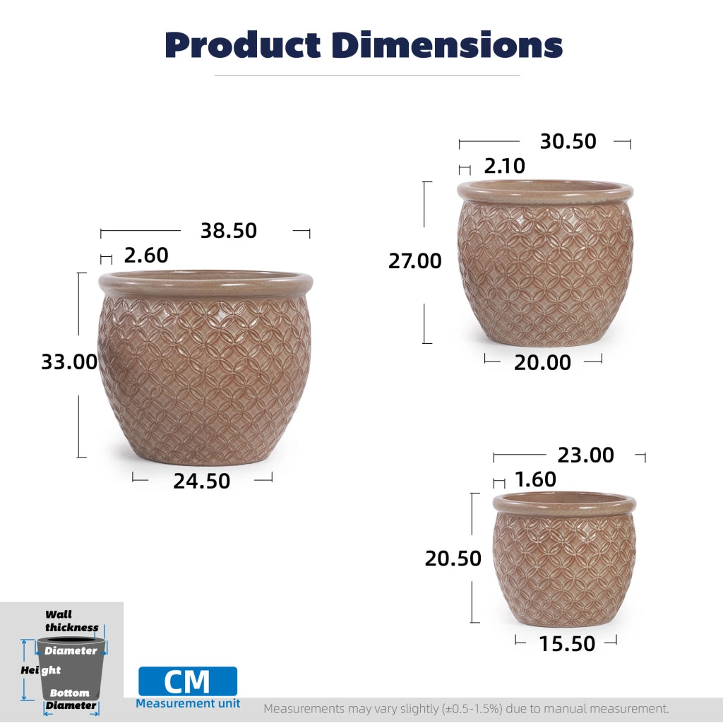 SET DI VASI IN CERAMICA 3 PEZZI Ø 38,5/30,5/23 cm BEIGE