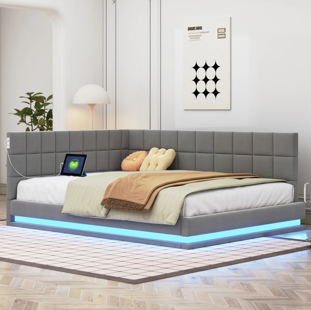 Divano letto imbottito 140x200 cm grigio con LED e USB