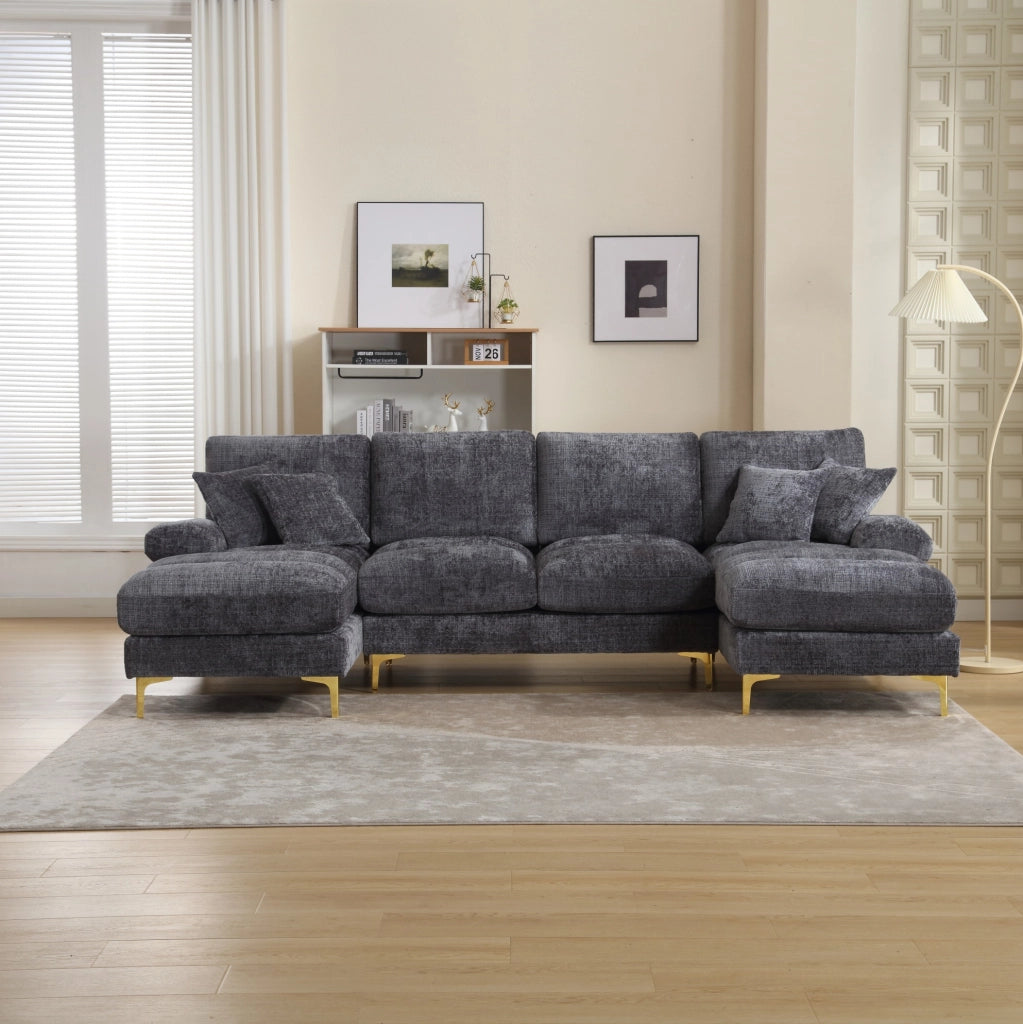Divano modulare a U in ciniglia grigio con doppia chaise longue