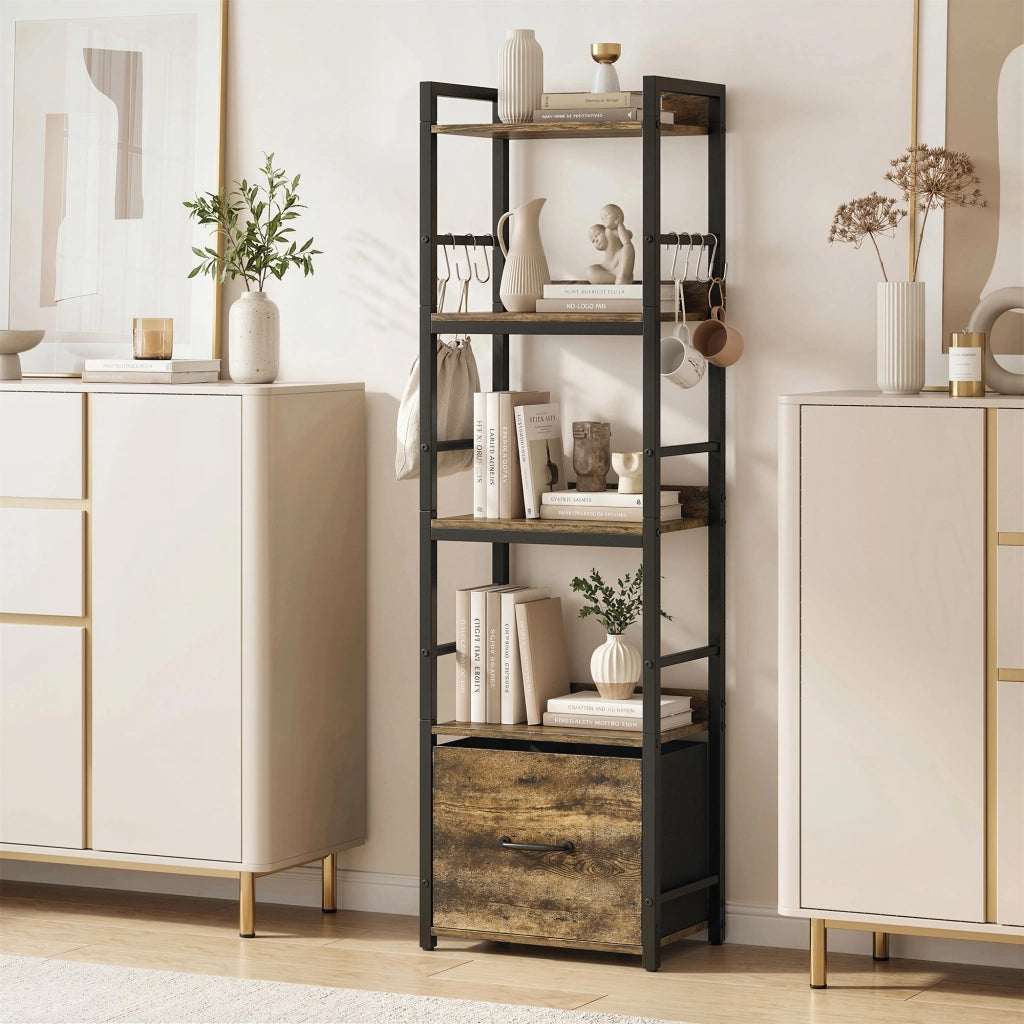 Libreria 4 Livelli con Cassetto e Ganci ¨C Zephmum ¨C Marrone Rustico 39x26x136.5 cm