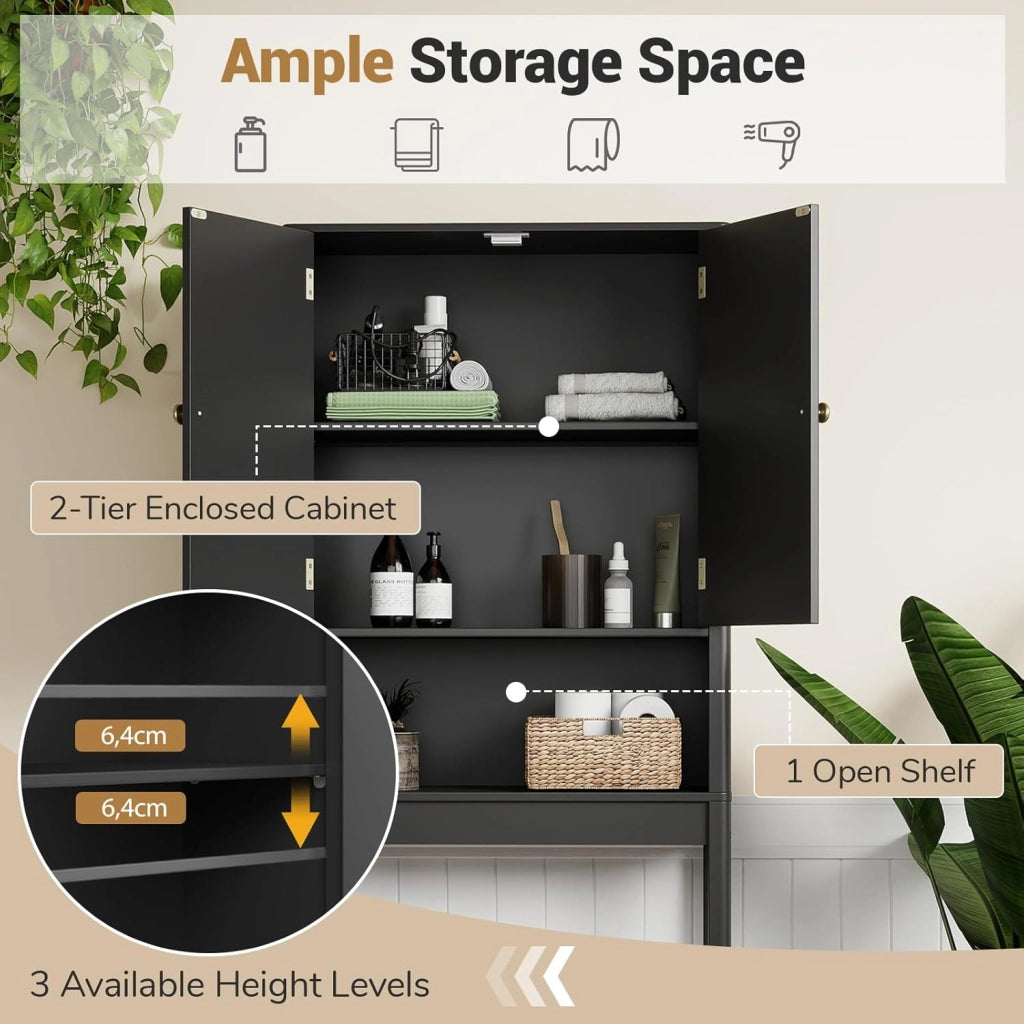 Mensola WC con ripiani regolabili, armadietto WC con 2 ante e ripiano aperto, 60 × 23 × 168 cm, salvaspazio per bagno e lavanderia (nero)