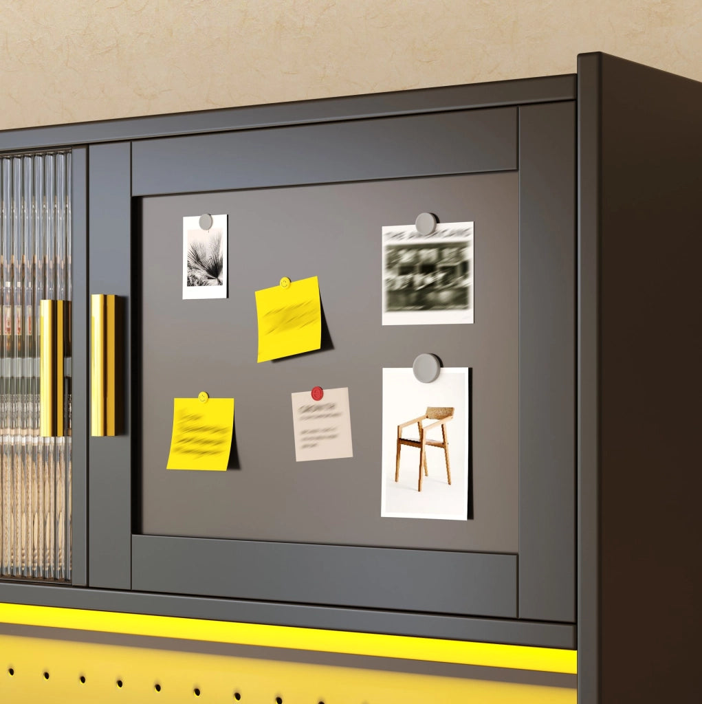 Credenza ULEVR 140x40x180 cm con vetrine, cassetti, ripiani regolabili e LED multicolore, nera