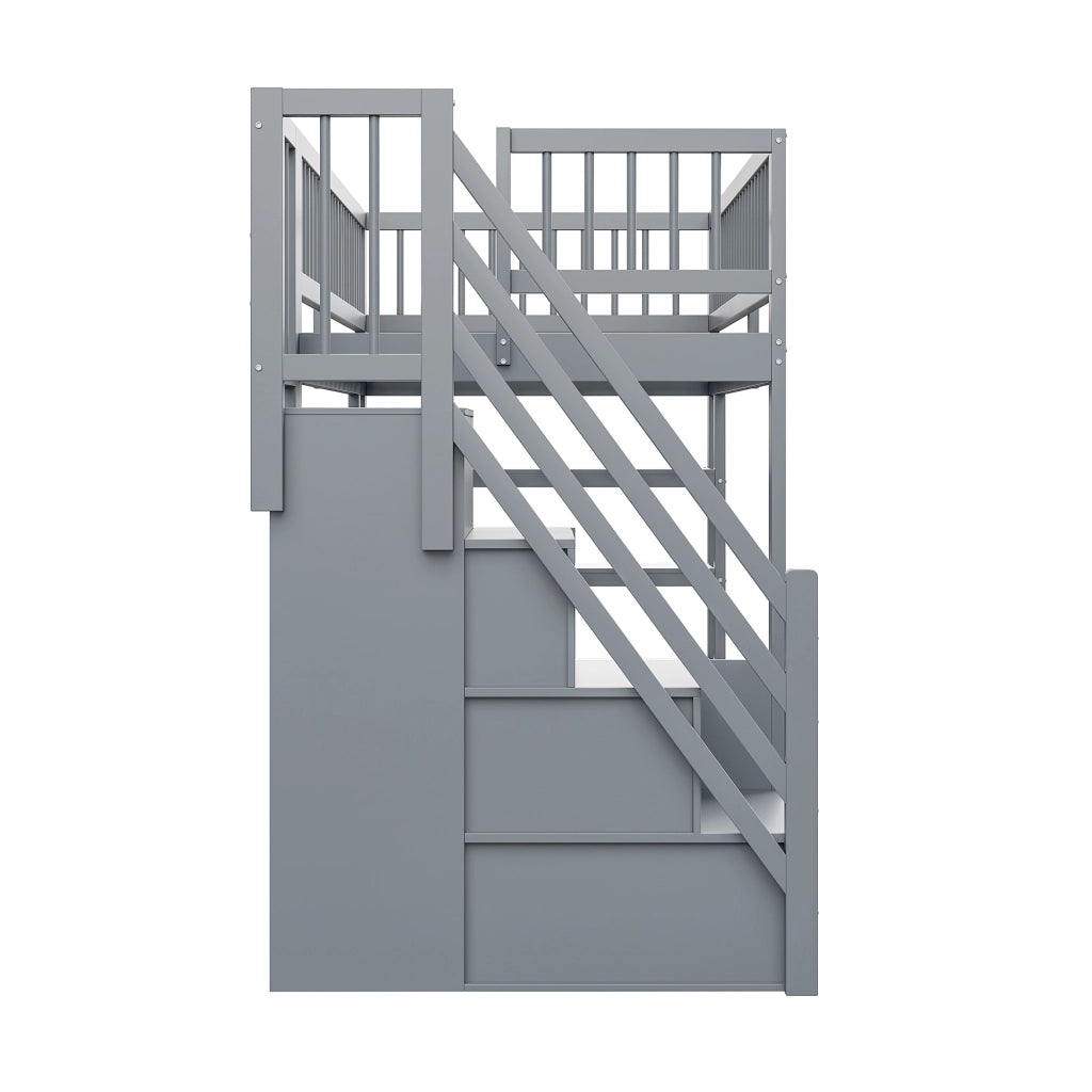 OKWISH Letto a Soppalco 90×200 cm, Letto Singolo con Armadio, Scaffali, Contenitori e Scala di Sicurezza, senza Materasso, Legno Massello, Grigio