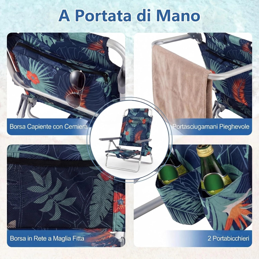 Set di 2 Sedie e Tavolino da Spiaggia Pieghevole, Schienale Regolabile a 5 Livelli, con Portatesta, Borsa Portaoggetti, Borsa Termica, per Campeggio Picnic Esterno (Fogliame, Modello 2)