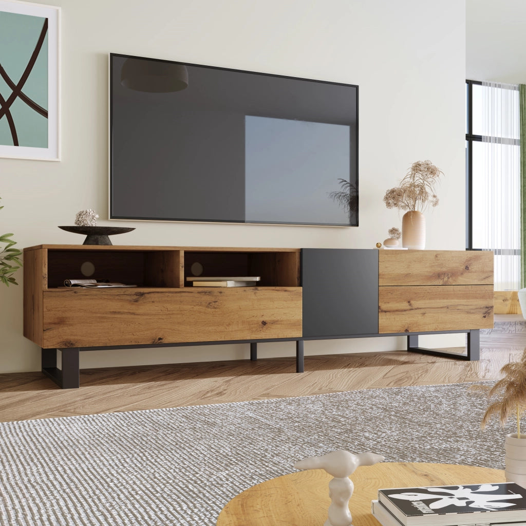Mobile TV 180 cm con 1 anta, 2 cassetti e 2 vani contenitore, stile moderno, per soggiorno, in MDF, nero