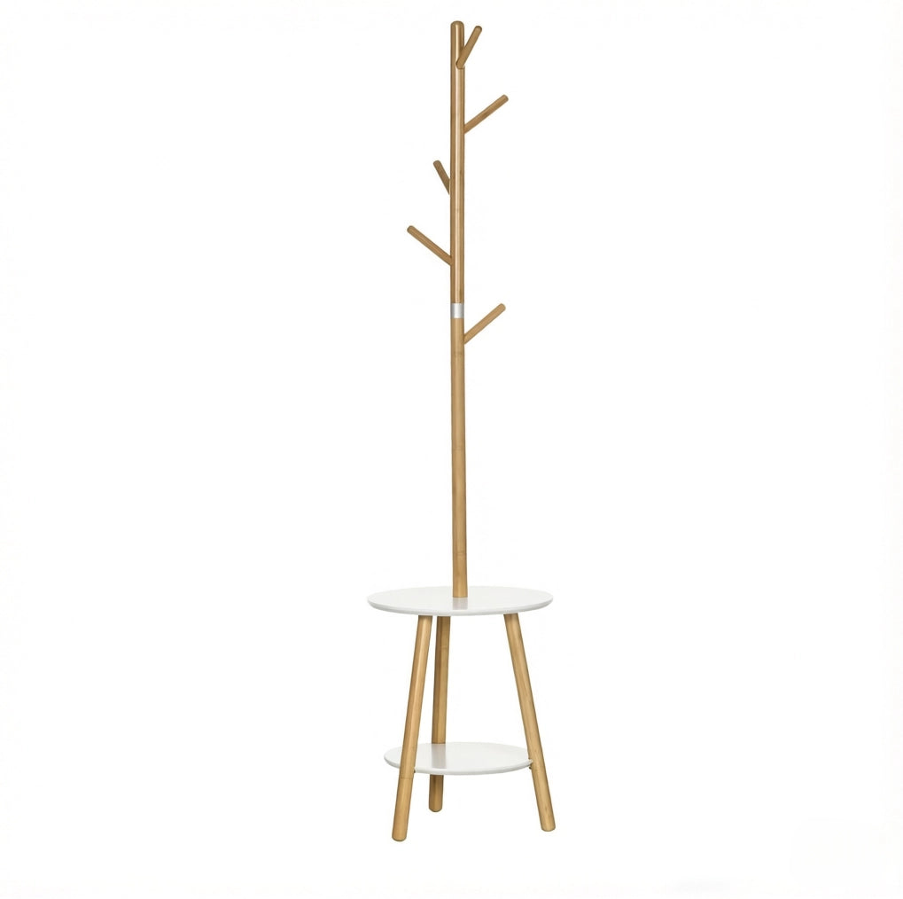 Appendiabiti 39.5x39.5x171 cm con 5 ganci e ripiano rotondo in bambù; bianco