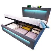 Letti contenitori 160x200 cm con contenitore; LED e ricarica USB; velluto; grigio (Senza materasso)