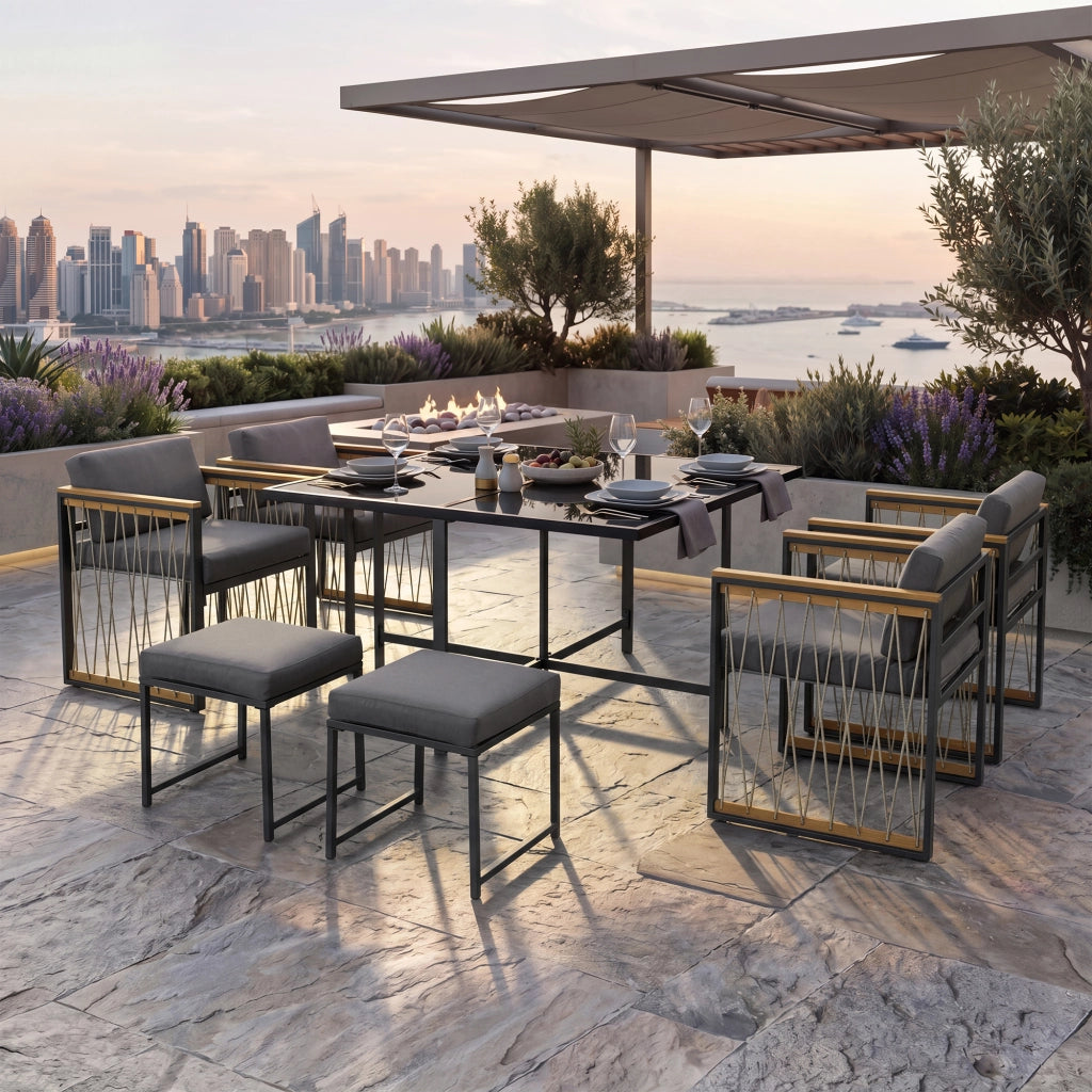 Set da pranzo esterno 7 pezzi per 6 persone, tavolo in vetro temperato con braccioli in plastica e legno, ideale per giardino e terrazza
