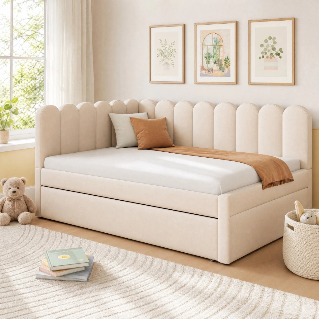Letto imbottito a L con letto estraibile 140x200 cm in tessuto beige; 205x148x90 cm