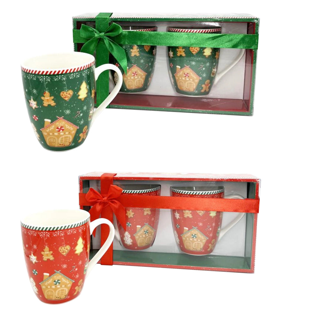 MA MAISON SET 2 TAZZE MUG 350 CC ROSSE E VERDI STILE NATALIZIO COOKIES IDEA REGALO