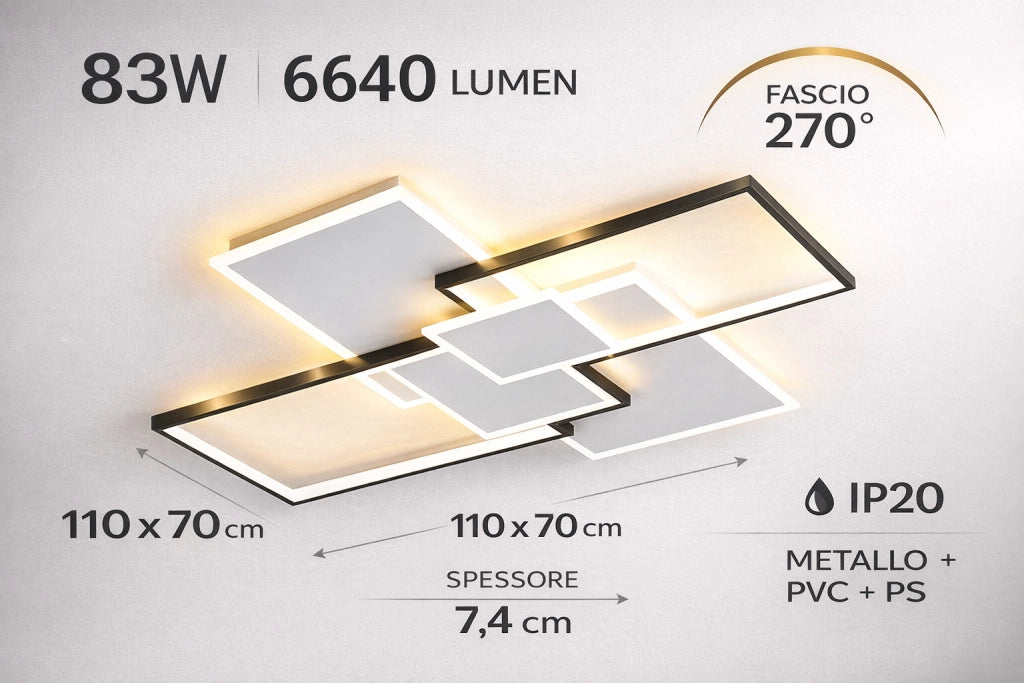 Plafoniera LED 83W Dimmerabile Bluetooth con App, 6640 Lumen, Soffitto Moderna Rettangolare, Telecomando Incluso, Luce Calda Naturale Fredda Regolabile, 270°