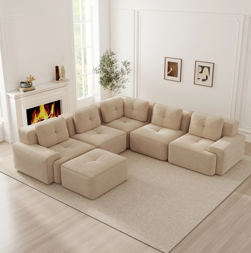 DIVANO Angolare Modulare in Velluto a Coste Beige