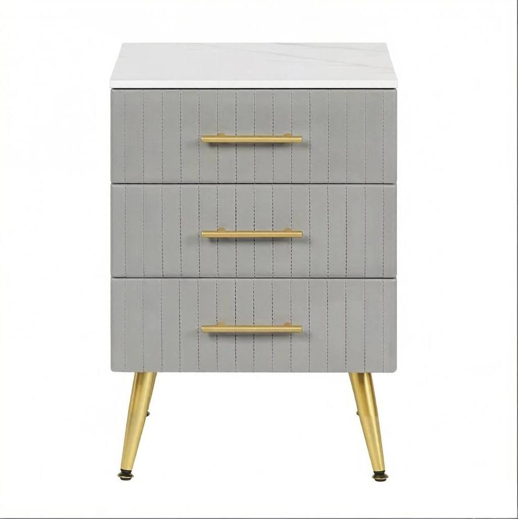Comodino grigio con 3 cassetti in MDF, velluto e legno massello, 40,5x62x41 cm