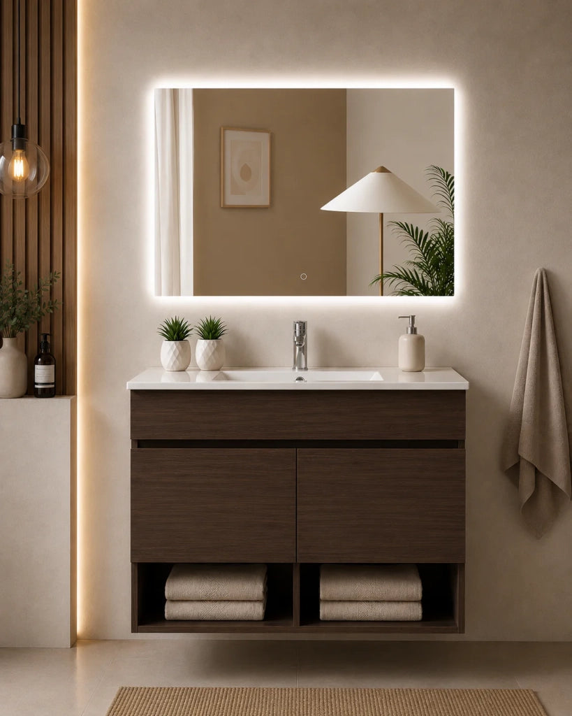 Mobile bagno sospeso con lavabo extrapiano ORIGENBATH NEBARI senza specchio 60x35 cm frassino tea