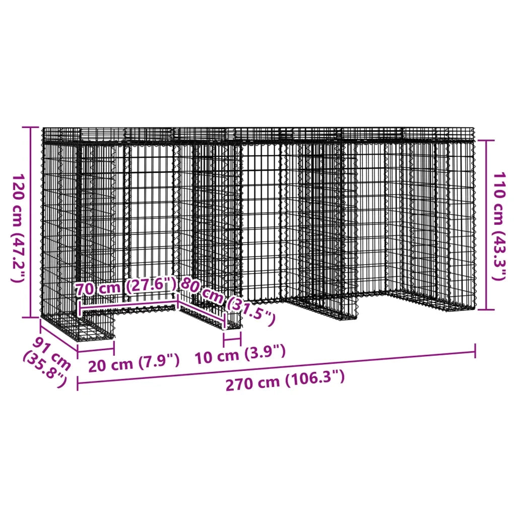 Parete Gabbioni Bidone Spazzatura 270x91x120 cm Ferro Zincato 151337