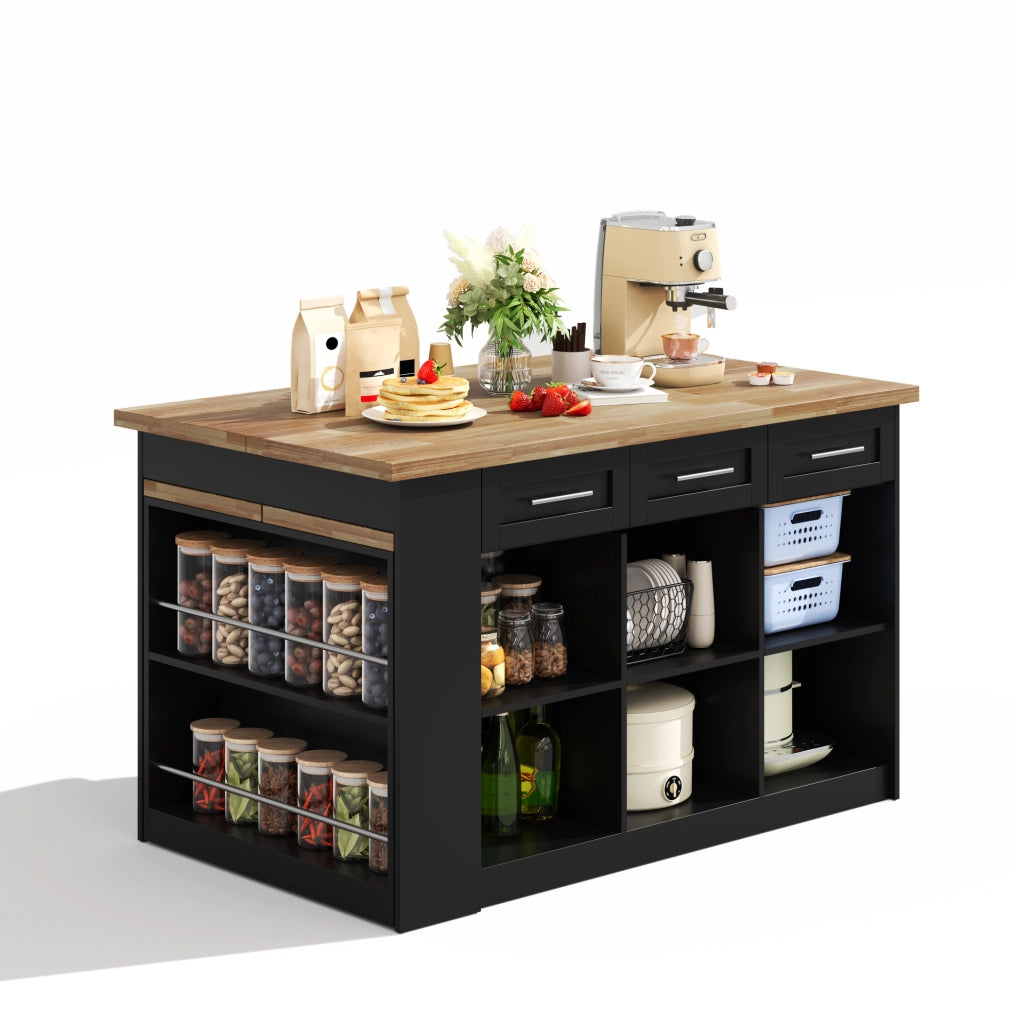 Isola cucina moderna 150x90x90 cm con tavolo estraibile; MDF naturale e nero