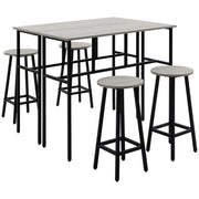 Set da pranzo, composto da 6 pezzi con 2 tavolini da bar e 4 sgabelli da bar, dal design industriale, in truciolato e acciaio, grigio e nero.