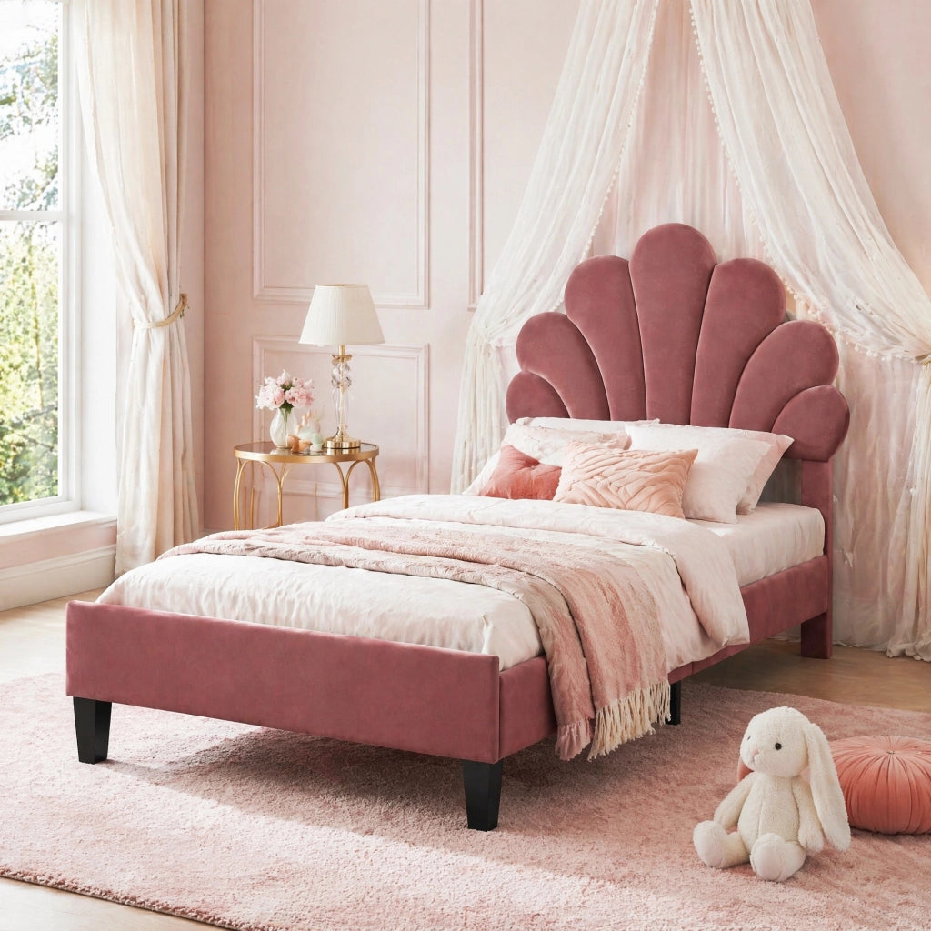 Letto imbottito 90x200 cm con testiera a fiore rosso