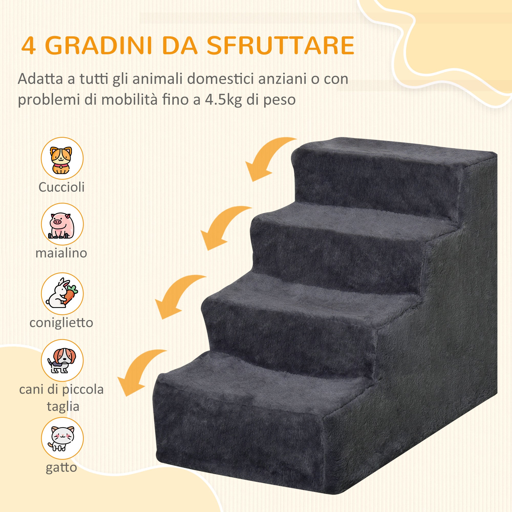 Scaletta per Cani Portatile a 4 Gradini 60x35x44 cm in Tessuto Vellutato Sfoderabile e Legno Grigio Scuro