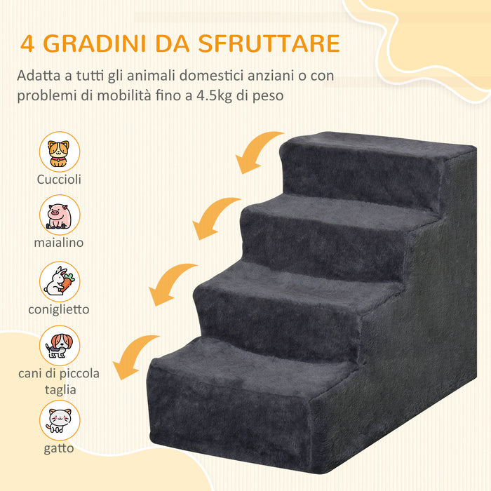 Scaletta per Cani Portatile a 4 Gradini 60x35x44 cm in Tessuto Vellutato Sfoderabile e Legno Grigio Scuro