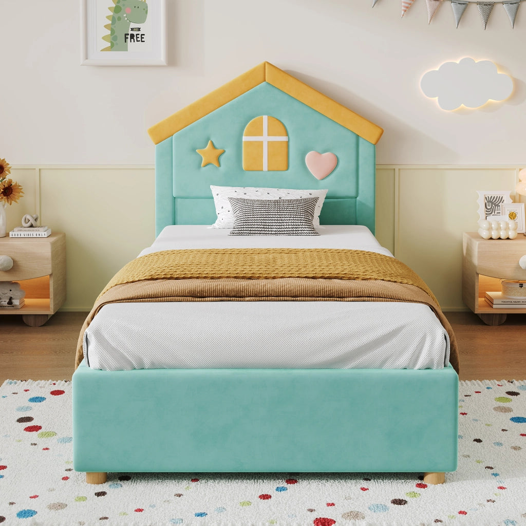 Letto imbottito per bambini a casetta 90x200 cm con 4 cassetti in velluto blu verde