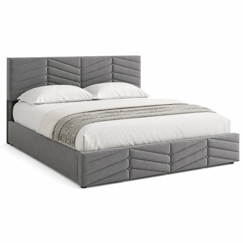 Letto matrimoniale imbottito 180x200 cm in velluto grigio con testiera regolabile e contenitore