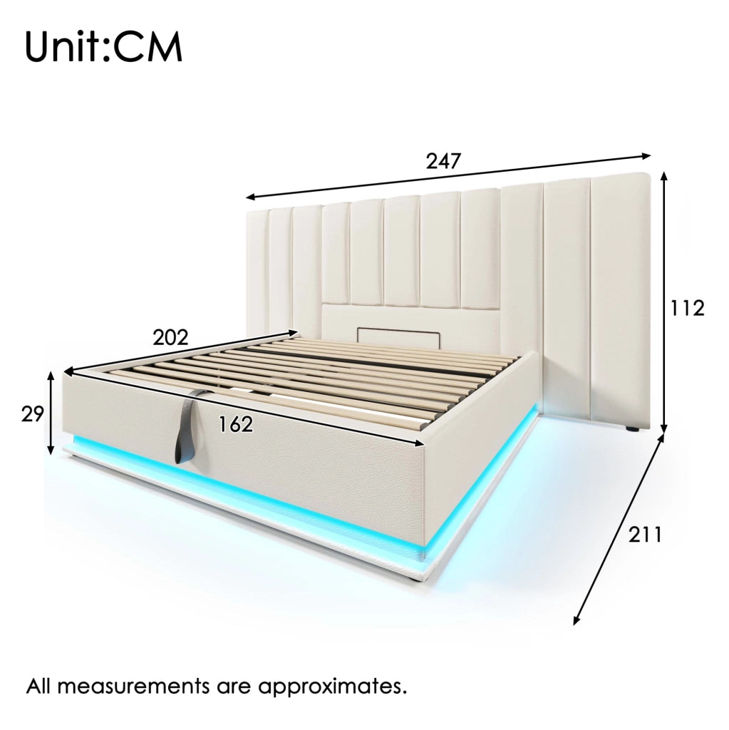 Letto matrimoniale imbottito ULEVR 160x200 cm con contenitore idraulico, LED, USB e Type-C, PU bianco