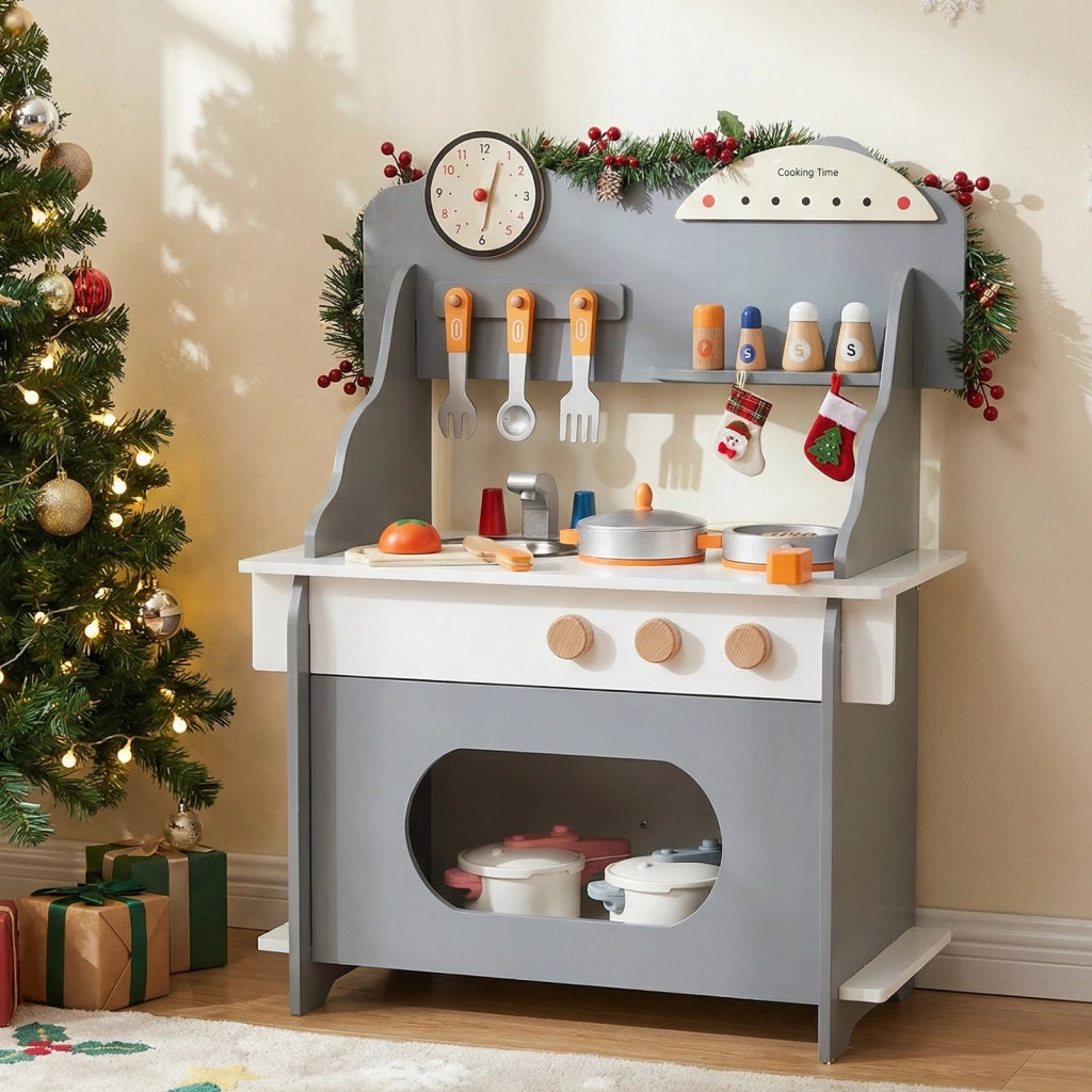 Cucina giocattolo legno bambini finzione orologio fornello porta spezie-Cucina rubinetto lavandino forno accessori completi bambini 3+anni Grigio