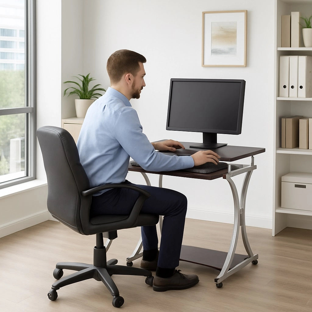 Scrivania Porta PC Tavolo Studio con Porta Tastiera e Ripiani Metallo e Legno Silver Marrone