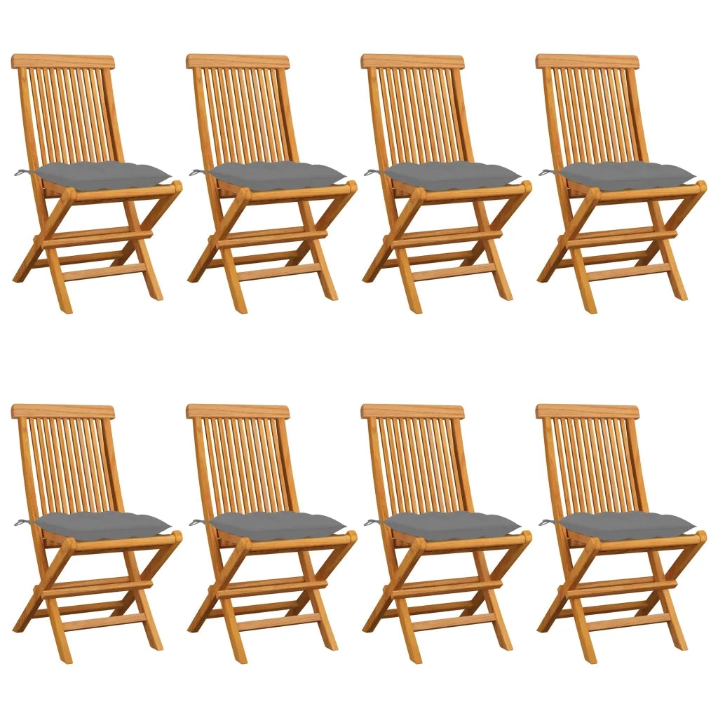 Sedie da Giardino e Cuscini Grigi 8 pz Massello di Teak
