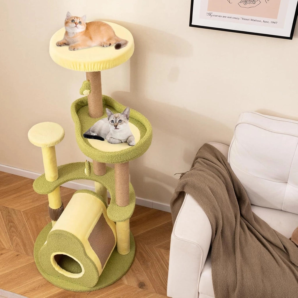 Albero per Gatti Multilivello 125 cm Stile Avocado, Tiragraffi Gatto con 3 Pali in Sisal, 4 Piattaforme, 2 Pompon e Grotta, Cuccia Albero Gatto Imbottito in Peluche con Tavola di Juta
