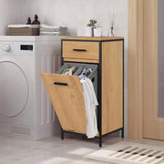 Mobile da Bagno Con Cassetto e Sacco per la Biancheria, Struttura in Metallo e MDF, Rovere Chiaro + Nero, 38x34x80 cm