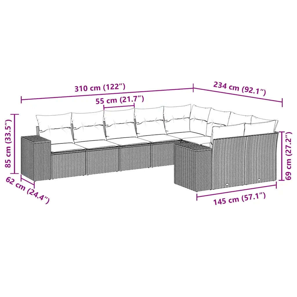 Set Divani da Giardino 9 pz con Cuscini Nero in Polyrattan 3255373