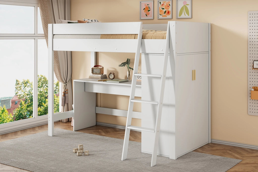 Letto a castello per bambini bianco con scrivania e armadio in legno massello 90x200 cm