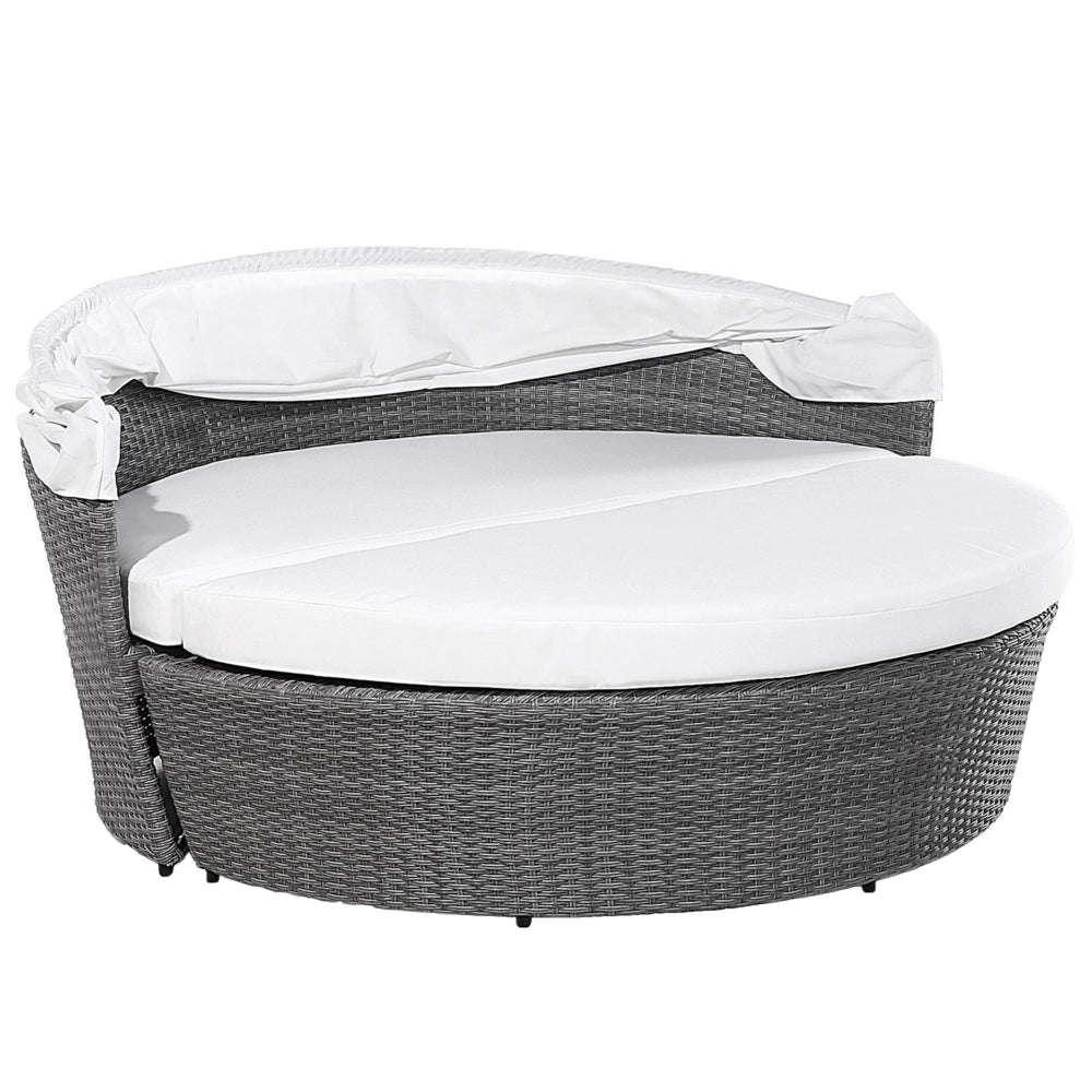 Lettino da giardino bianco e grigio finto rattan con cuscini Tavolino resistente alle intemperie