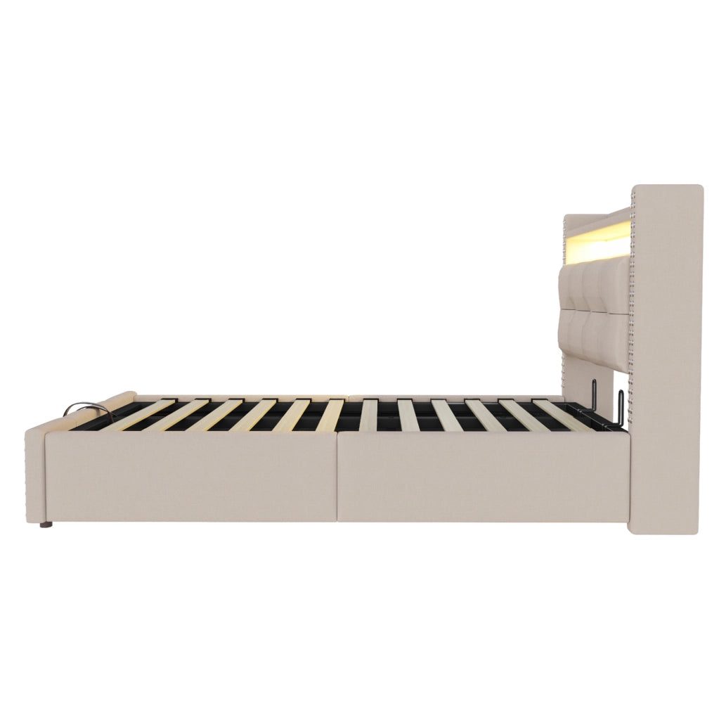 Letto imbottito 90x200 cm con LED; contenitore e porta USB in lino beige