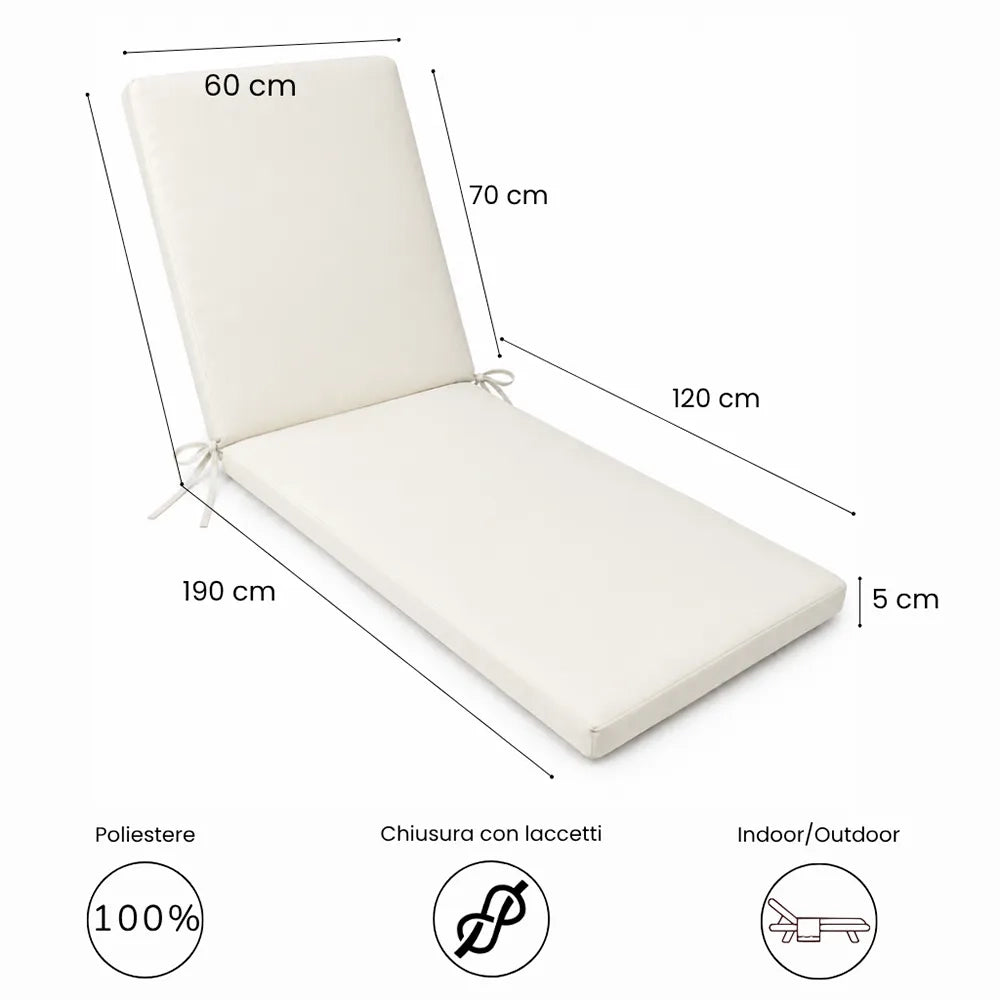 Cuscino per lettino da esterno 190x60 cm con schienale reclinabile e laccetti in poliestere – Avorio