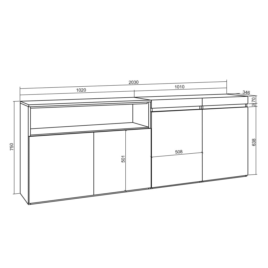 Credenza, Mobile, 200x35x75cm, 4 Porte, grande stoccaggio, colore Rovere e nero RF2375