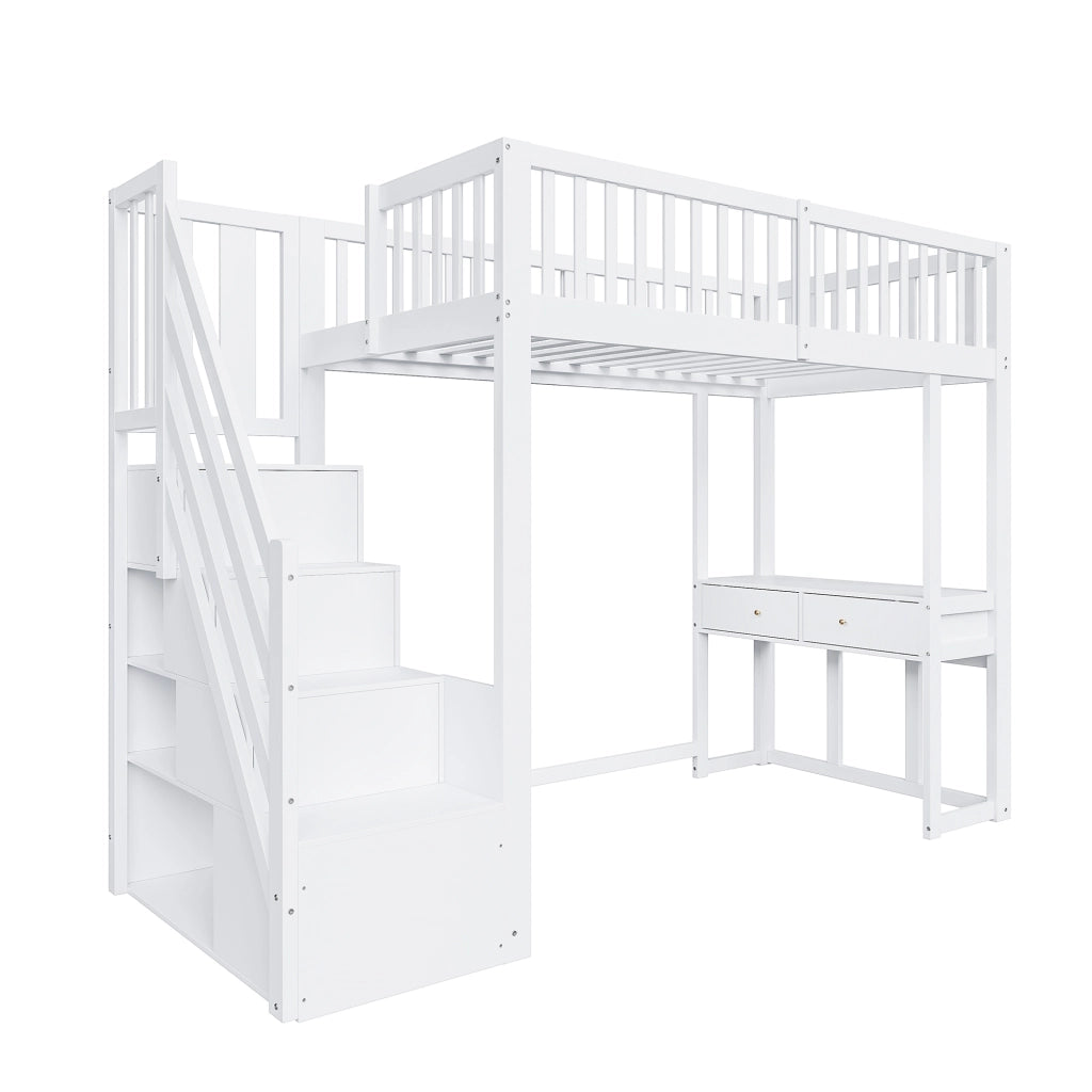 Letto a soppalco 90 x 200 cm; singolo con scala contenitore e scrivania; senza materasso; Bianco