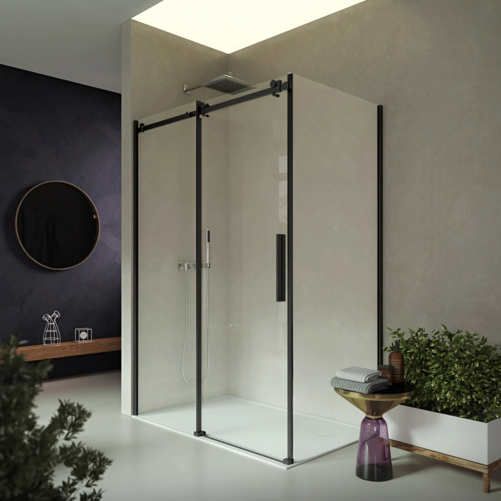 Box Doccia 2 lati 80x90 cm H200 cm da 8mm profilo NERO OPACO: lato fisso + porta scorrevole laterale ERIKA
