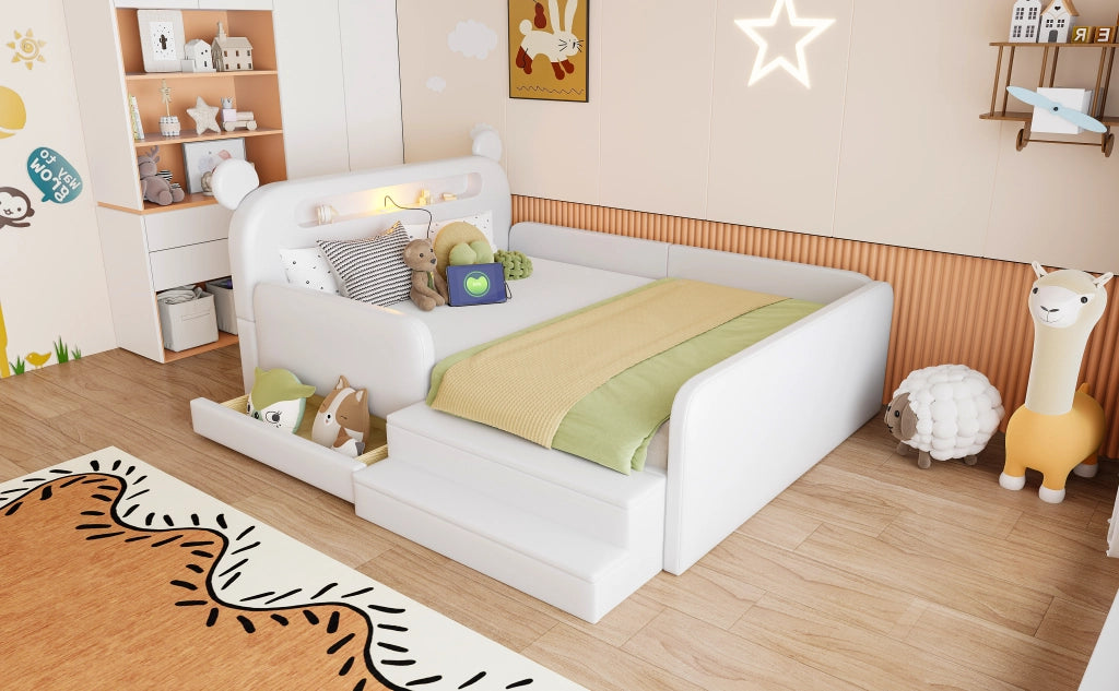 Letto imbottito per bambini con testiera a orso e USB, 140x200 cm, bianco