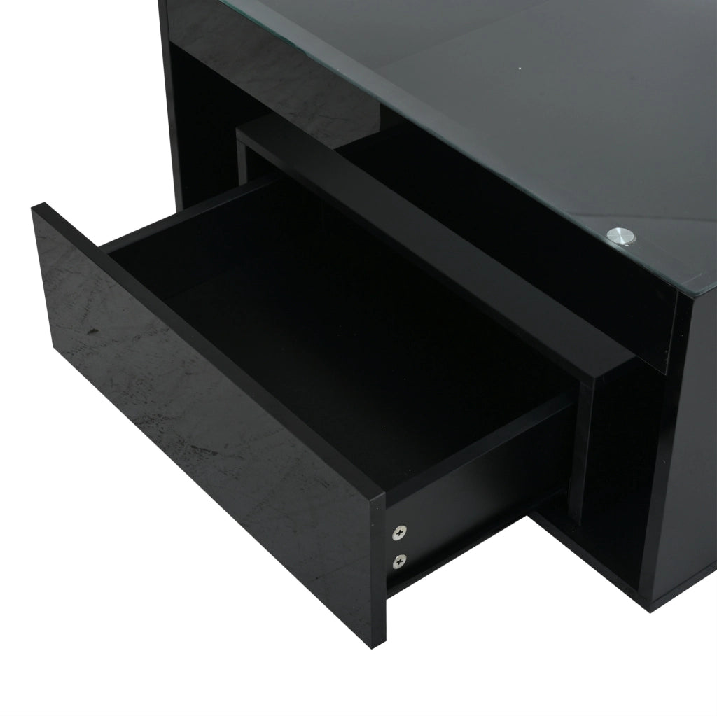 Tavolino da salotto compatto con 2 cassetti, piano in vetro temperato e LED controllabile da app