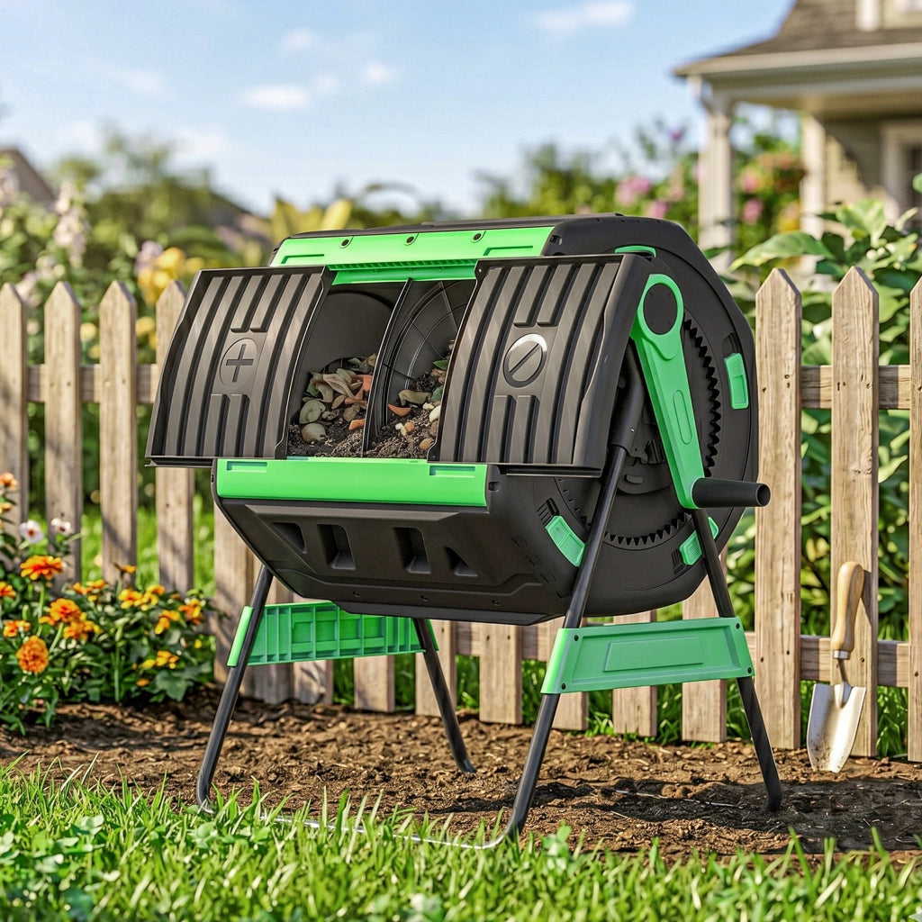 Compostiera Rotante 200L ¨C Xylo ¨C Verde con Ventilazione e Base Metallo