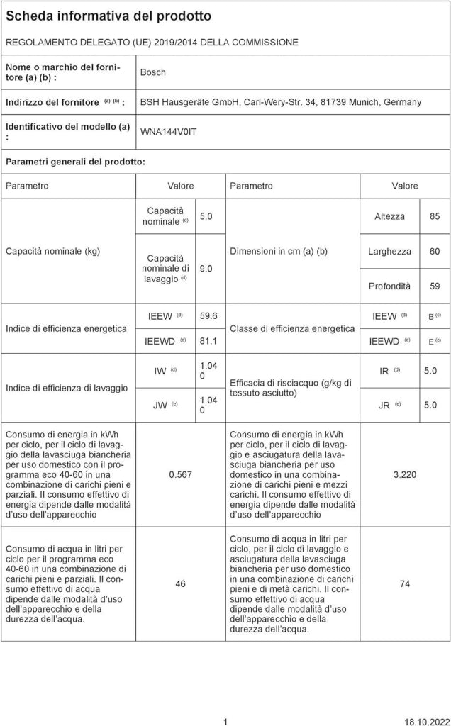 Bosch Serie 4 WNA144V0IT Lavasciuga a libera installazione 9+5 Kg 1400 giri Classe B-E Vapore Iron Assist Motore Inverter EcoSilence Condensatore autopulente Bianco